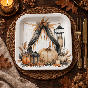 Boho-Gothic-Halloween-Party - Kürbisse und Laterne Pappteller