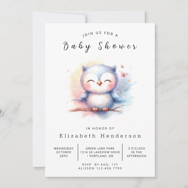 Boho Graceful Owl Baby Dusche Einladung (Vorderseite)