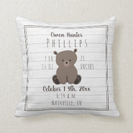 Boho graue Bear Cub Baby Boy Birth Stats Kissen