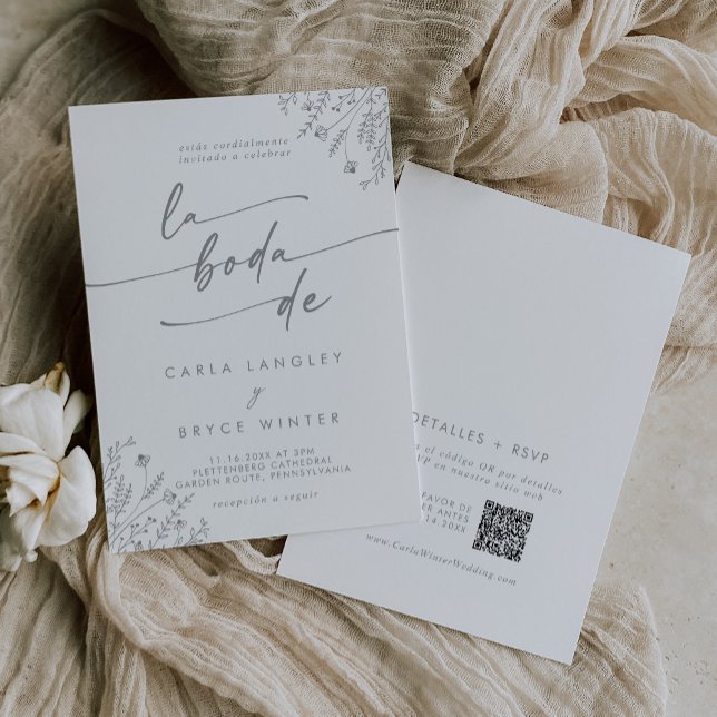 Boho Graue Wildblumen-QR-Code Spanische Hochzeit Einladung (Von Creator hochgeladen)