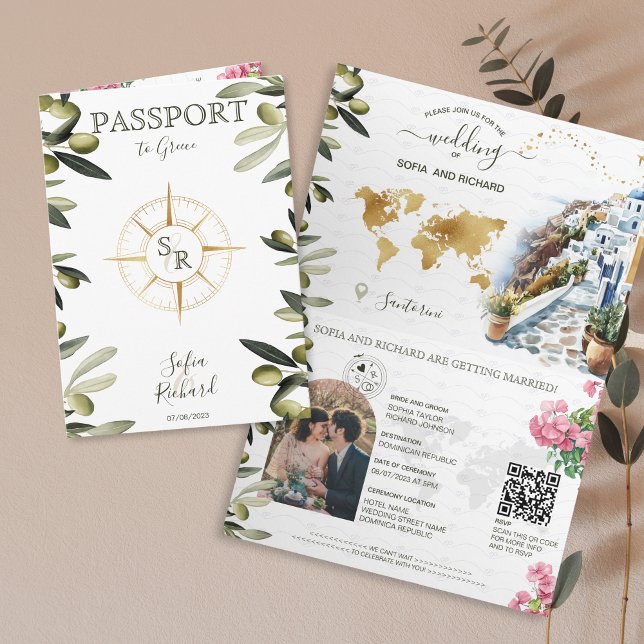 Boho Greece Hochzeit in Urlaubsort Passport QR Cod Einladung (greece passport wedding invitation with olive branches and santorini watercolor illustration)