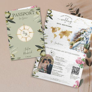 Boho Greece Hochzeit in Urlaubsort Passport QR Cod Einladung