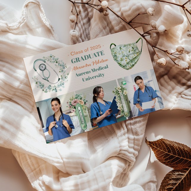 Boho Green 3 Foto Watercolor Nursing School Gradu Ankündigung (Von Creator hochgeladen)