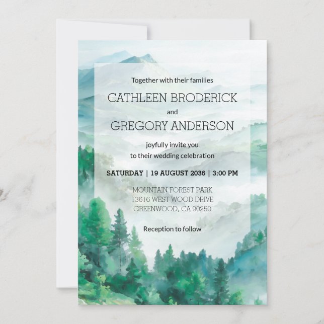 Boho Green and Blue Watercolor Forest Wedding Einladung (Vorderseite)