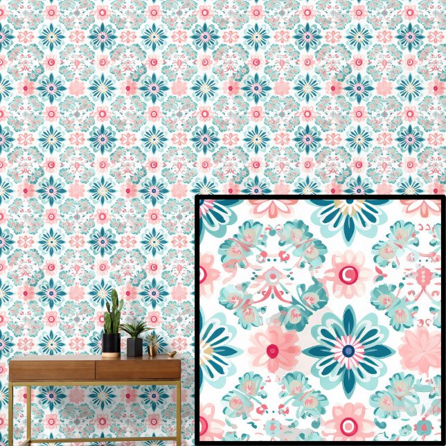 Boho Green Aqua Pink Blume Abstrakt Tapete (Von Creator hochgeladen)