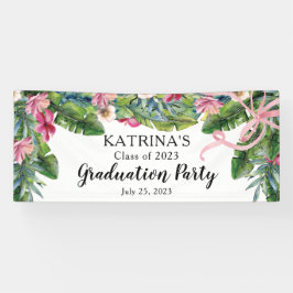 Boho Green Blätter | Pink Hibiskus Graduation Part Banner