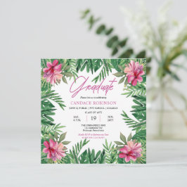Boho Green Blätter | Pink Hibiskus Graduation Part Einladung
