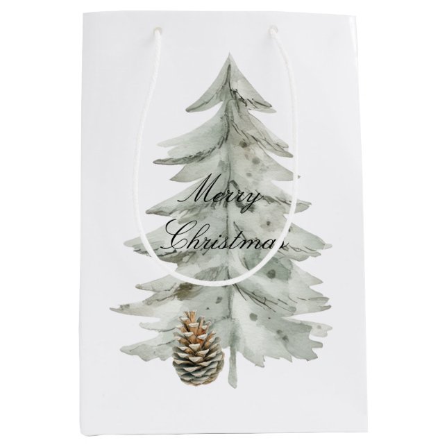 Boho Green Christmas Trees Pine Cones Mittlere Geschenktüte (Vorderseite)