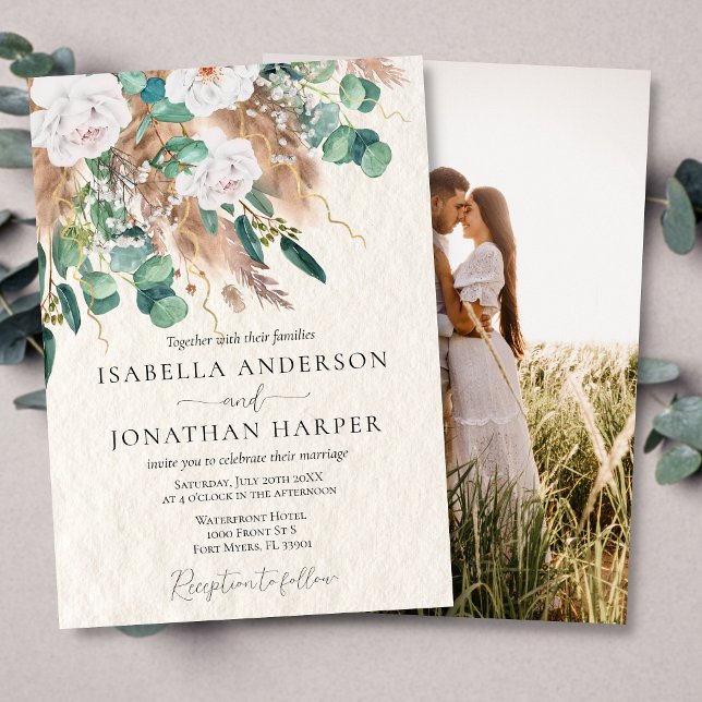 Boho Green Eucalyptus Beige Pampas Foto Wedding Einladung (Von Creator hochgeladen)