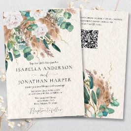 Boho Green Eucalyptus Pampas Grass QR Code Wedding Einladung