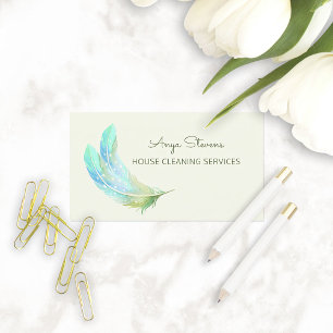 Boho Green Feathers House Cleaning Services Visitenkarte