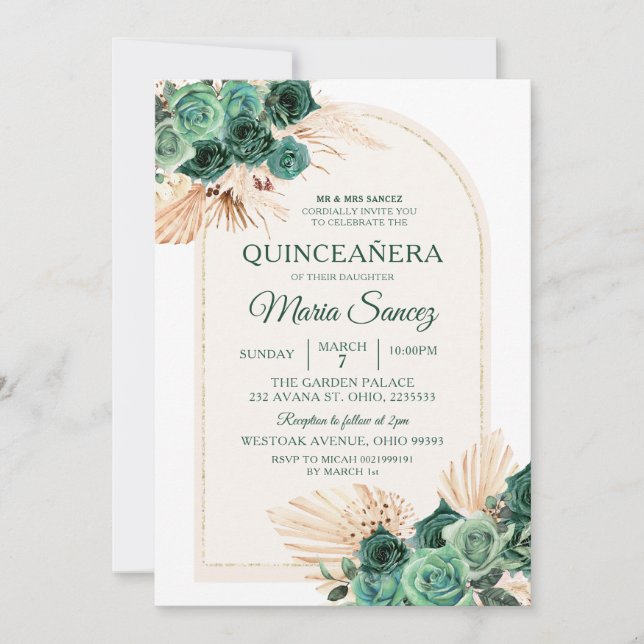 Boho Green Floral Mexican Quinceañera Einladung (Vorderseite)