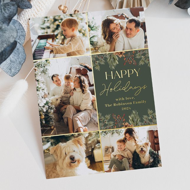 Boho Green Gold Foil 5 Foto Happy Holidays Card Folieneinladung (Von Creator hochgeladen)