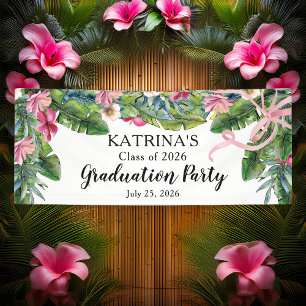 Boho Green Leaves   Pink Hibiscus Graduation Party Banner