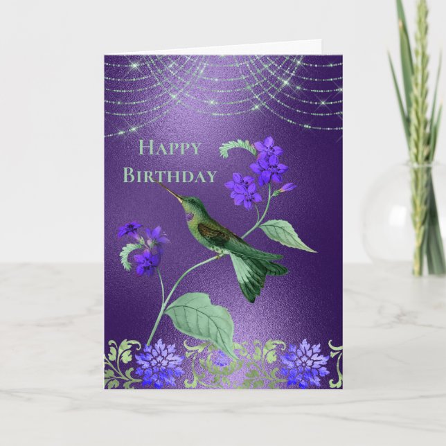 Boho Green Lila Hummingbird Floral Geburtstag Karte (Vorderseite)
