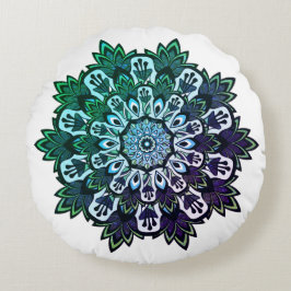 Boho Green Lila Tropical Leaf Mandala Rundes Kissen