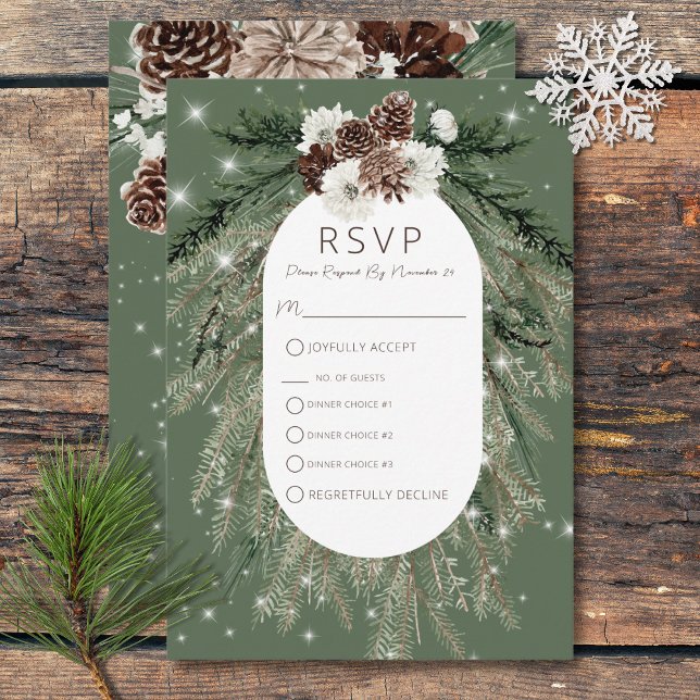 Boho Green Pine Winter Sparkone RSVP Karte (Boho Green Pine Winter Sparkle Three Dinner RSVP Card)