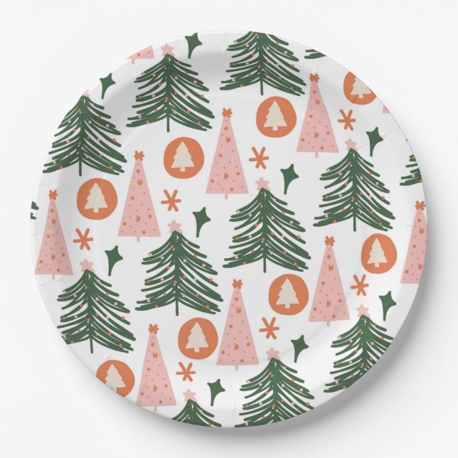 Boho Green Pink Orange Weihnachtsbaumen Pappteller (Vorderseite)
