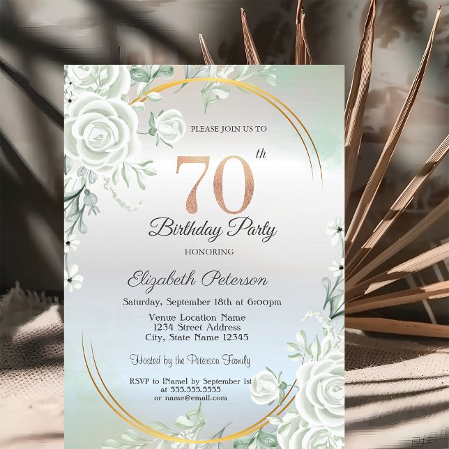 Boho Green Roses Silver 70th Birthday  Einladung (Von Creator hochgeladen)