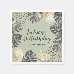 Boho Green Sage Wild One Birthday Paper Napkin Serviette