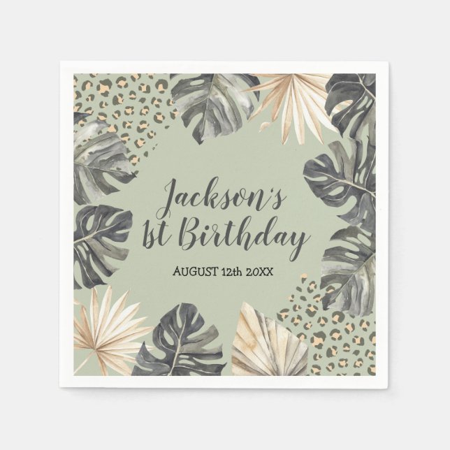 Boho Green Sage Wild One Birthday Paper Napkin Serviette (Vorderseite)