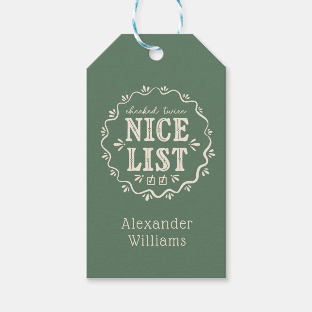 Boho Green Santa's Nice List Weihnachtsgeschenk Ta Geschenkanhänger (Vorderseite)