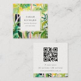 Boho Green Tropical Leaf Foliage Botanical QR Code Quadratische Visitenkarte
