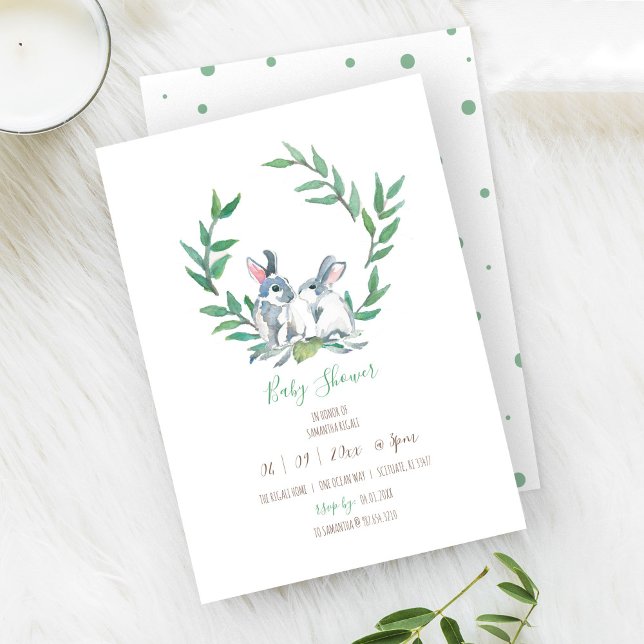 Boho Green Watercolor Bunny Baby Dusche Einladung (Baby shower invitation woodland bunny rabbit watercolor art by Victoria Grigaliunas)
