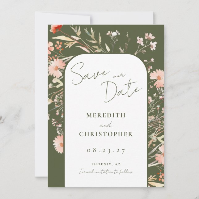 Boho Green Wildblumen Wedding Save The Date (Vorderseite)