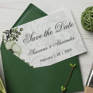 Boho Green Wreath and Damask Wedding Save the Date Ankündigungspostkarte