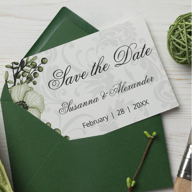Boho Green Wreath and Damask Wedding Save the Date Ankündigungspostkarte (Von Creator hochgeladen)