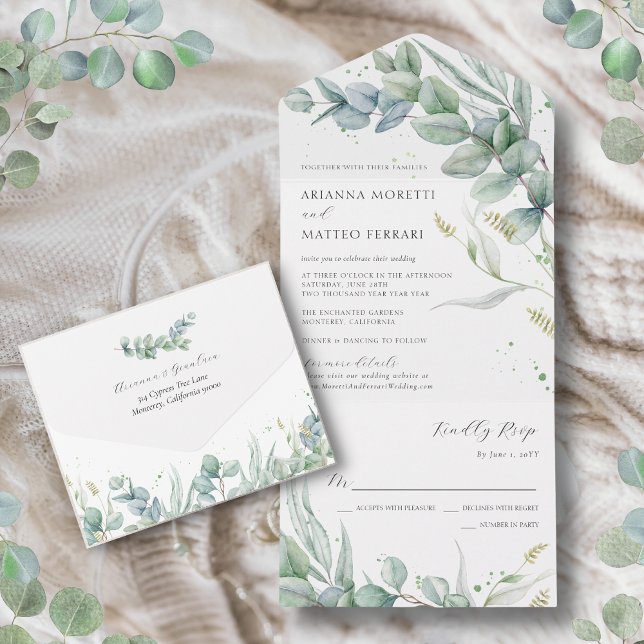 Boho Greenery Eucalyptus Blätter Wedding All In One Einladung (Von Creator hochgeladen)