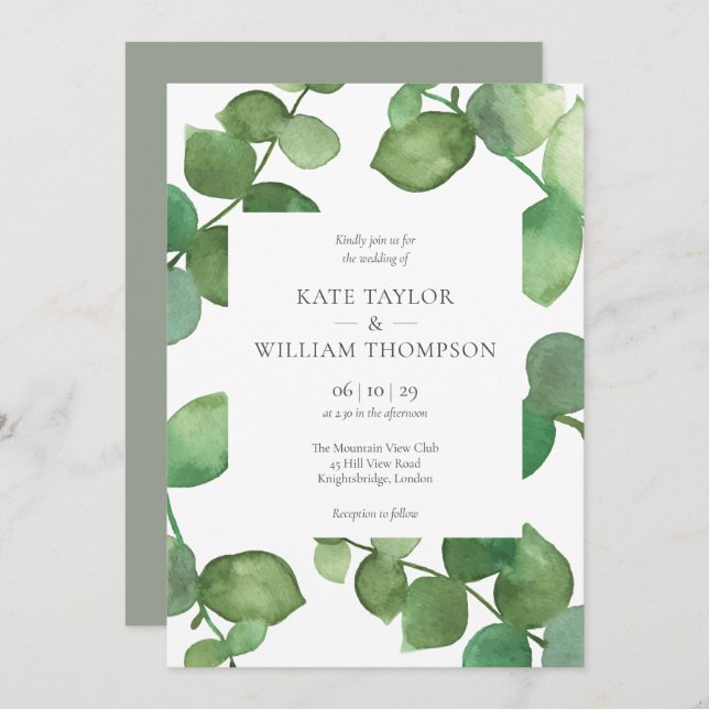 Boho Greenery Eucalyptus Blätter Wedding Einladung (Vorne/Hinten)