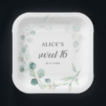 Boho Greenery Eucalyptus Sweet 16 Pappteller<br><div class="desc">Boho Bouquet mit grünen Eukalyptus und Blätter.</div>