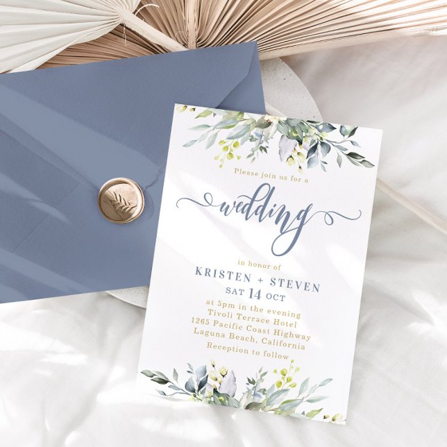 Boho Greenery Eucalyptus Wedding Dusty Blue Einladung (Von Creator hochgeladen)