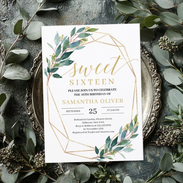 Boho Greenery Eukalyptus Goldrahmen 16 . Geburtsta Einladung (Boho Greenery eucalyptus gold frame sweet sixteen Invitation)