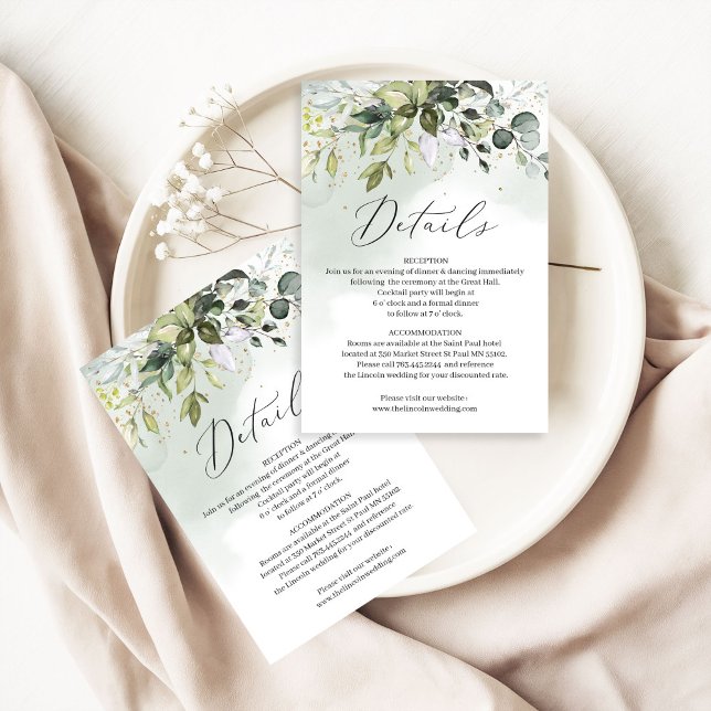 Boho greenery folaige leaves gold wedding details begleitkarte (Watercolor boho greenery foliage eucalyptus gold wedding details card editable template, Digital Pri)