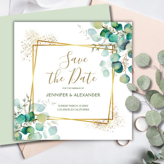 Boho Greenery Geometric Square Save the Date Einladung (Von Creator hochgeladen)