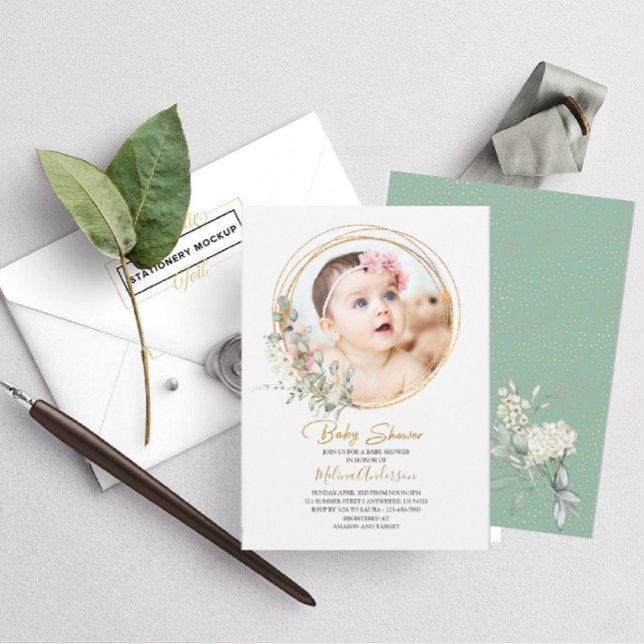 Boho Greenery Gold Frame Aquarell Babydusche Einladung (Von Creator hochgeladen)