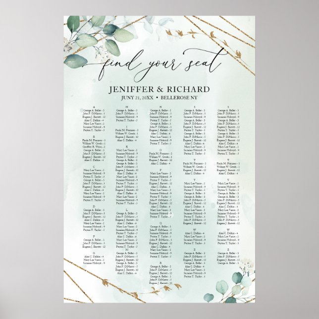 Boho Greenery Gold Geometric alphabetische Sitzplä Poster (Vorne)