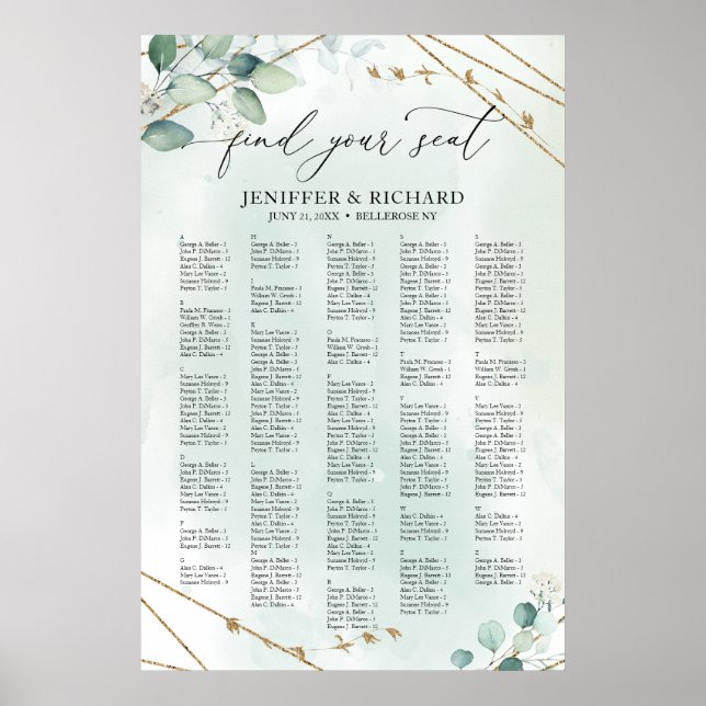 Boho Greenery Gold Geometric alphabetische Sitzplä Poster (Vorne)