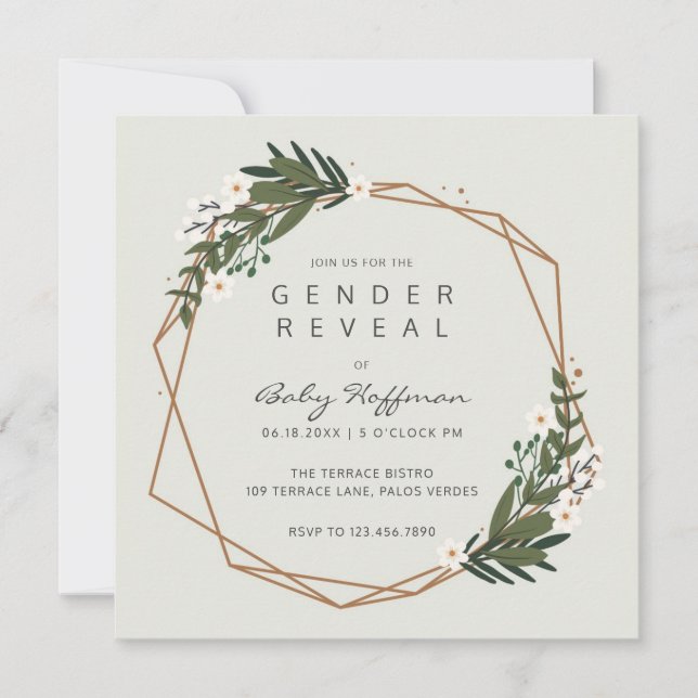 Boho Greenery Gold Geometric Gender Reveal Einladung (Vorderseite)