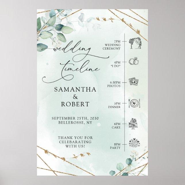 Boho Greenery Imitate Gold Frame Wedding Timeline Poster (Vorne)