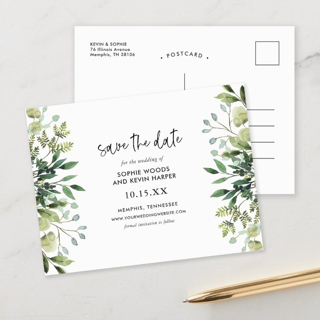 Boho Greenery Modern Save the Date Ankündigungspostkarte (Von Creator hochgeladen)