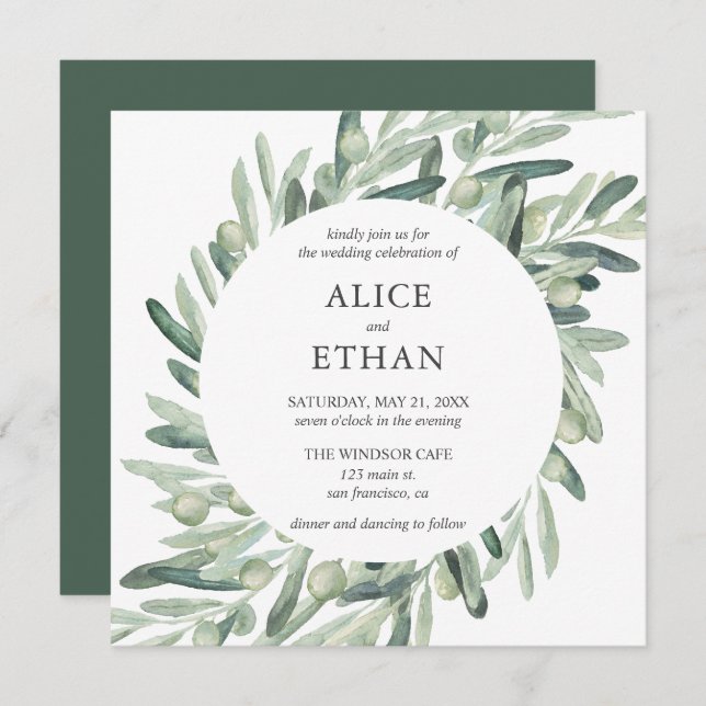 Boho Greenery Olive Blätter Wedding Einladung (Vorne/Hinten)