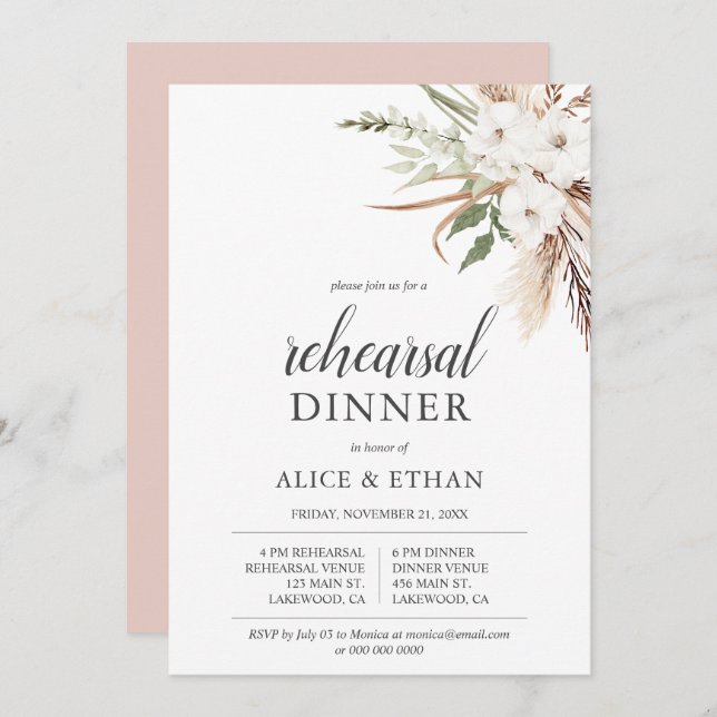 Boho Greenery Pampa Grass Probe Dinner Einladung (Vorne/Hinten)