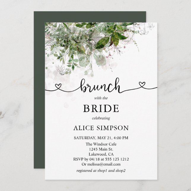 Boho Greenery Script Heart Brunch Brautparty Einladung (Vorne/Hinten)