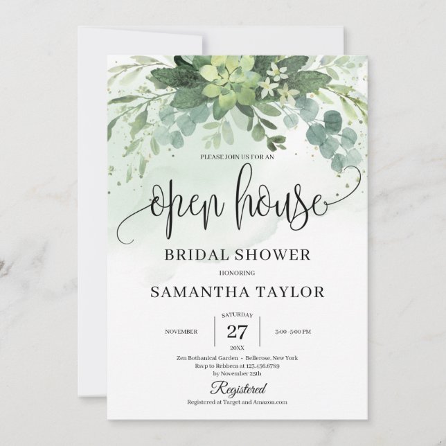 Boho Greenery Succulent Foliage Open House Bridal Einladung (Vorderseite)