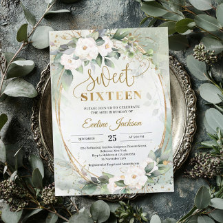 Boho Greenery weiße Rosen Goldfolie oval 16 Einladung