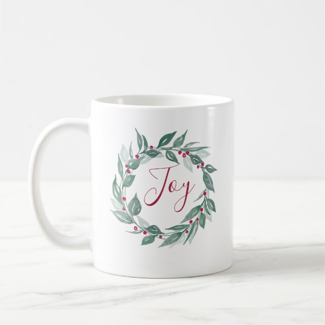 Boho Greenery Wreath Red Berries Joy Holiday Kaffeetasse (Links)